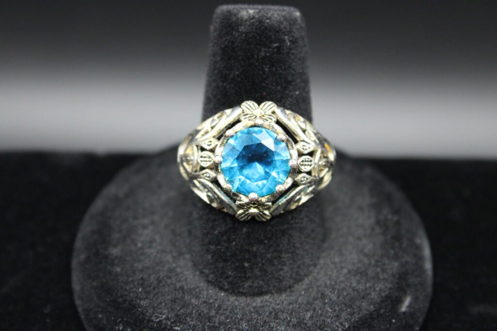 Sterling Silver Blue Stone Ring With Flower Design
