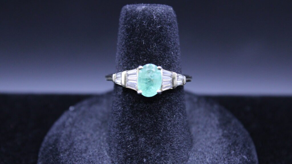 Sterling Silver Oval Cut Emerald Diamond Ring