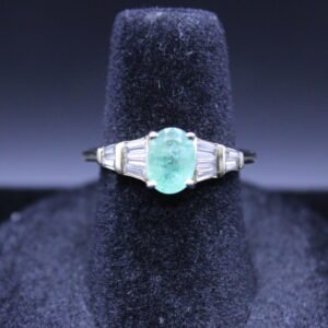 Sterling Silver Oval Cut Emerald Diamond Ring