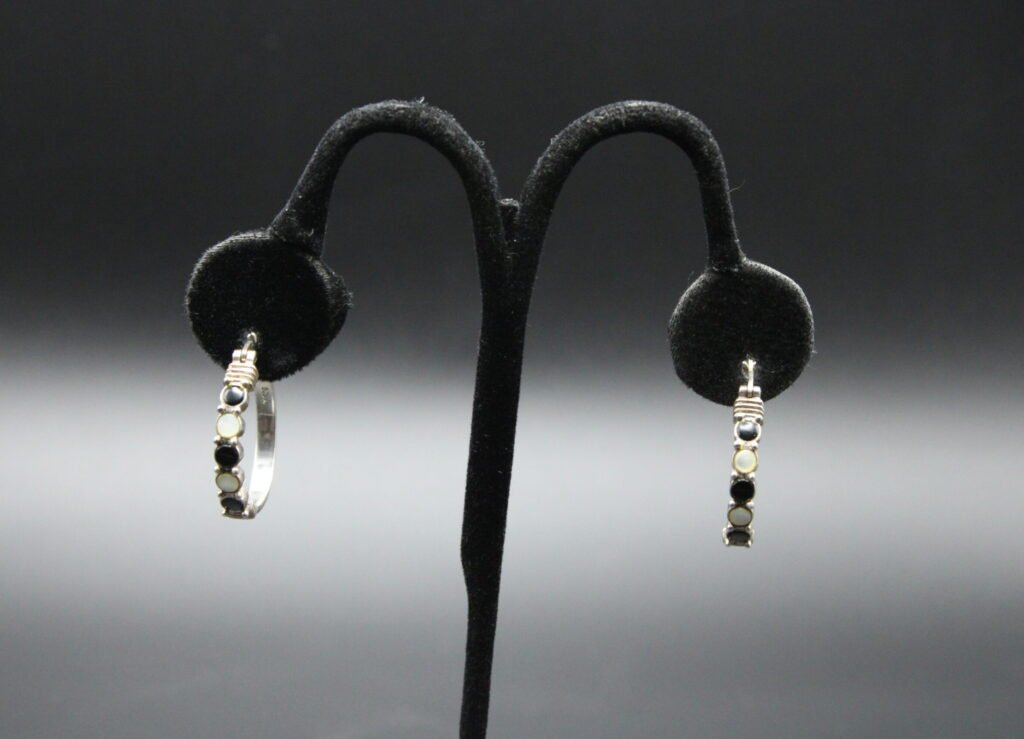 Sterling Silver Black and Moonstone Hoop Earrings