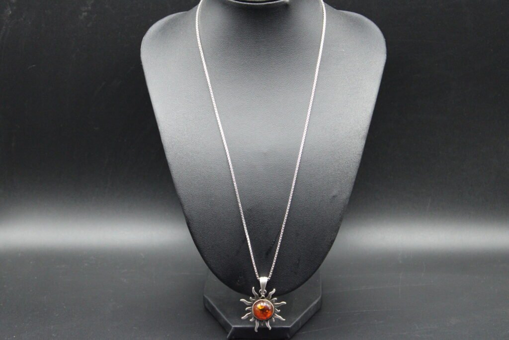 Sterling Silver Box Chain and Orange Sun Pendant