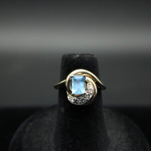 14kt Yellow Gold Emerald Cut Blue Topaz and Diamond Ring