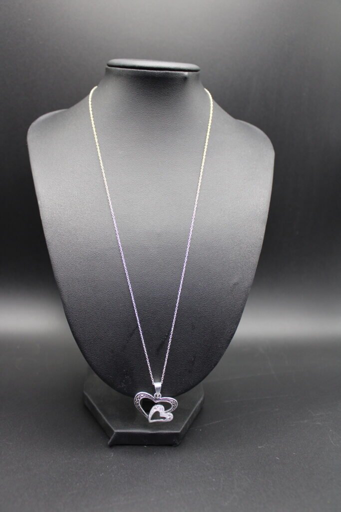 Sterling Silver Necklace with Double Diamond Hearts Pendant