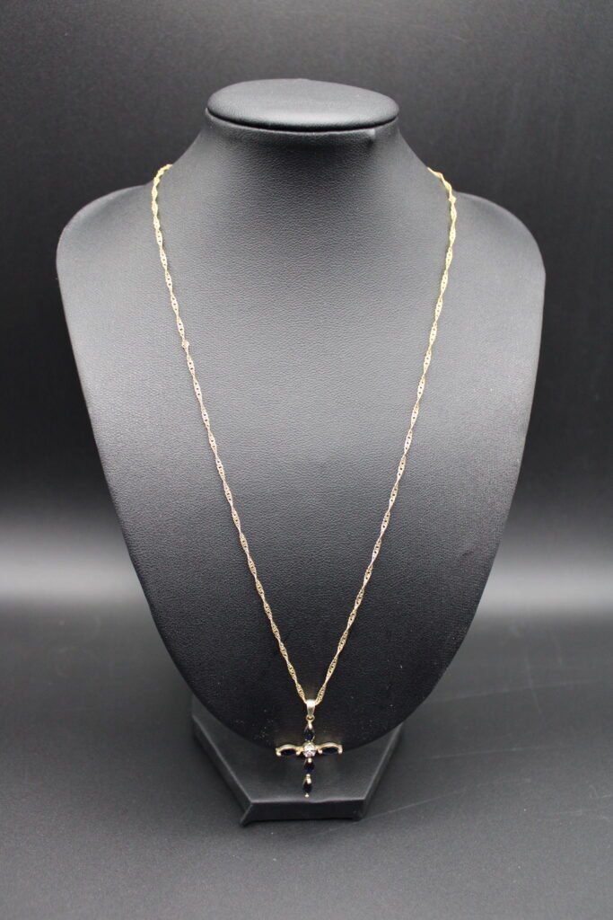 Gold Toned Sterling Silver Sapphire and Diamond Cross Necklace