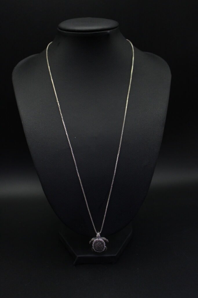 Sterling Silver Necklace with White and Black Diamond Turtle Pendant