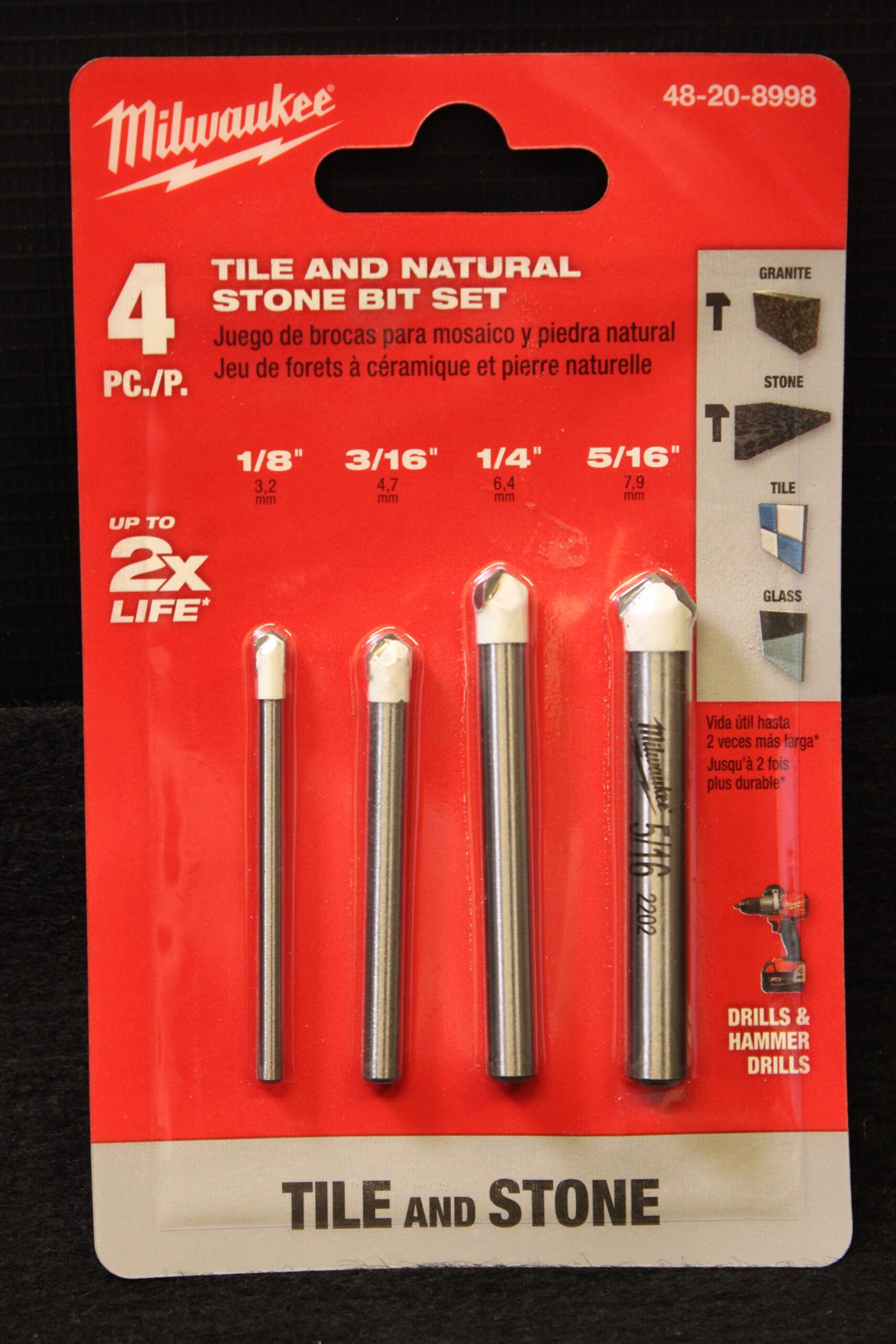 Milwaukee 48-20-8998 4 Piece Tile & Natural Stone Carbide Drill Bit Set 1 Milwaukee 48-20-8998 4 Piece Tile & Natural Stone Carbide Drill Bit Set